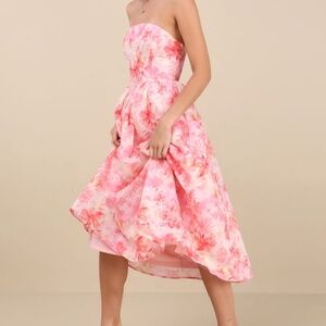 Lulus Eulalia Pink Floral Lace-up Strapless Bustier Midi Dress - Size M